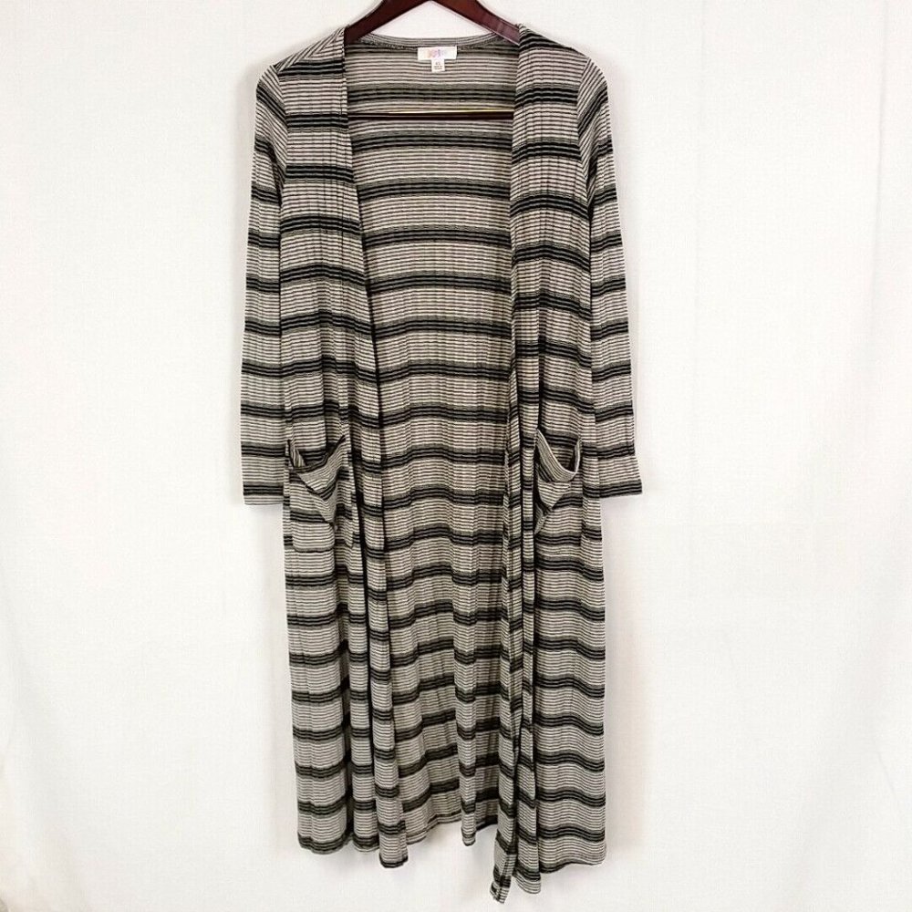 Lularoe Womens sz XS Sarah Green Ivory Stripe Open Front Long Duster‎ Cardigan